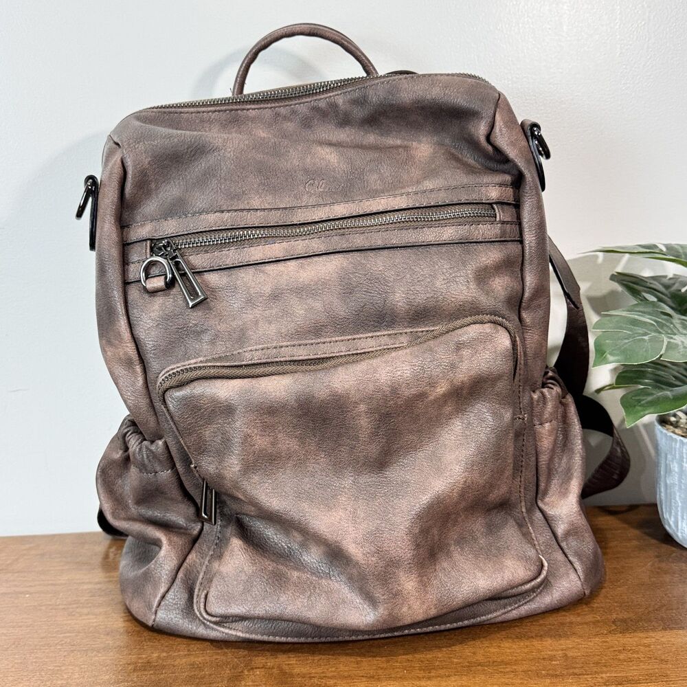 Cluci Distressed Bronze Brown Faux Leather Backpack Multi-Pocket Bag